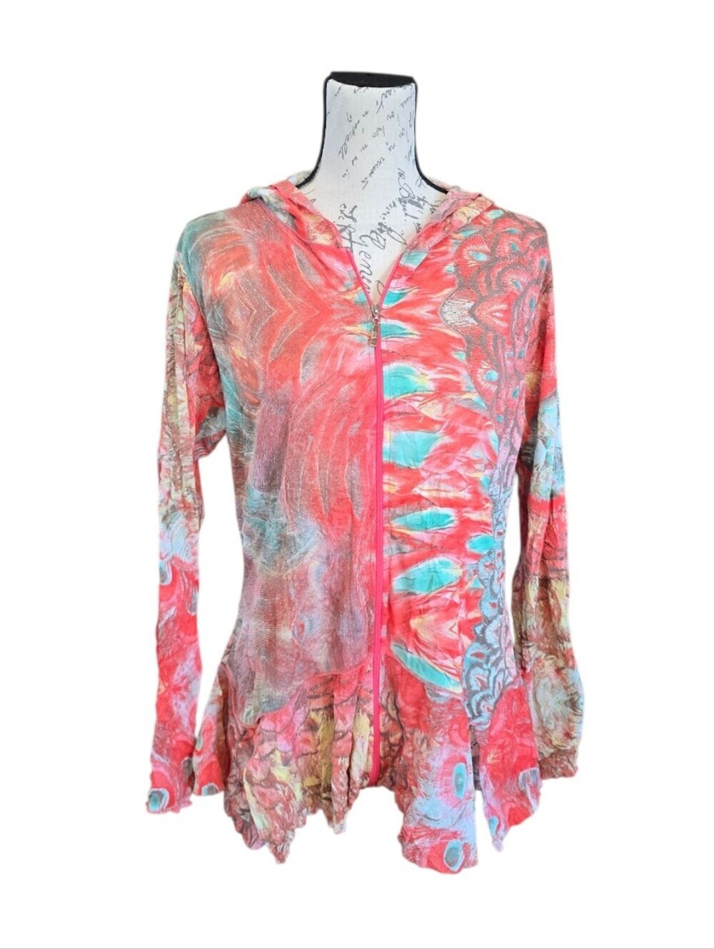 Vine Street Multicolor Coral Abstract Peacock Print Hooded Crinkle Zip Up Top M
